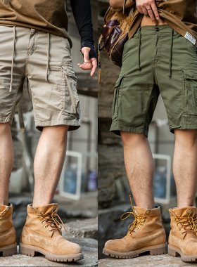 12386 夏季美式复古男士潮牌余文乐大口袋松紧腰水洗棉工装短裤