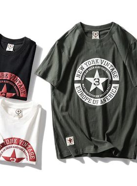 12243 夏季美式复古青年男士重工水洗磨毛做旧百搭休闲短袖T恤