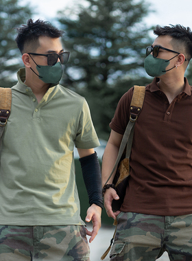 12464 部落男装阿美咔叽夏季重磅水洗磨毛长绒棉短袖休闲Polo衫