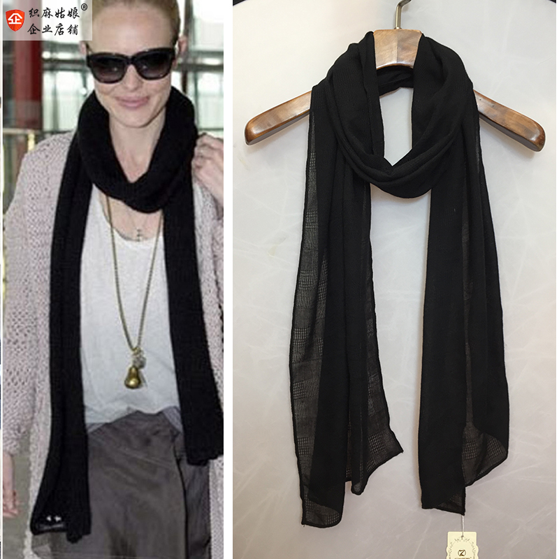 长条细窄围巾女春秋冬新款薄丝巾文艺棉麻韩版百搭护颈椎围脖黑色