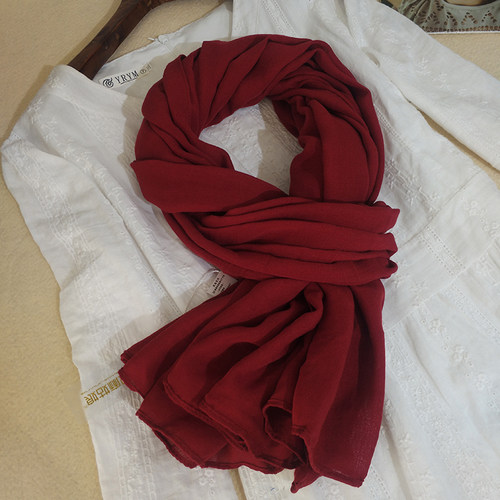 酒红文艺丝巾护颈披肩围巾女纯色
