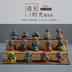 陶瓷茶宠三不小和尚茶宠摆件紫砂沙弥可爱佛不说不听不看可养茶玩
