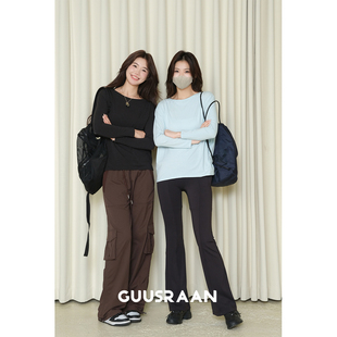 龟背Back In Action长袖T恤女一字领宽松显瘦弹力上衣秋季