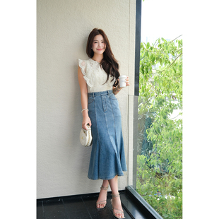 温柔奶油系!超多裁片拼接牛仔连衣裙女设计感无袖蕾丝裙子夏季