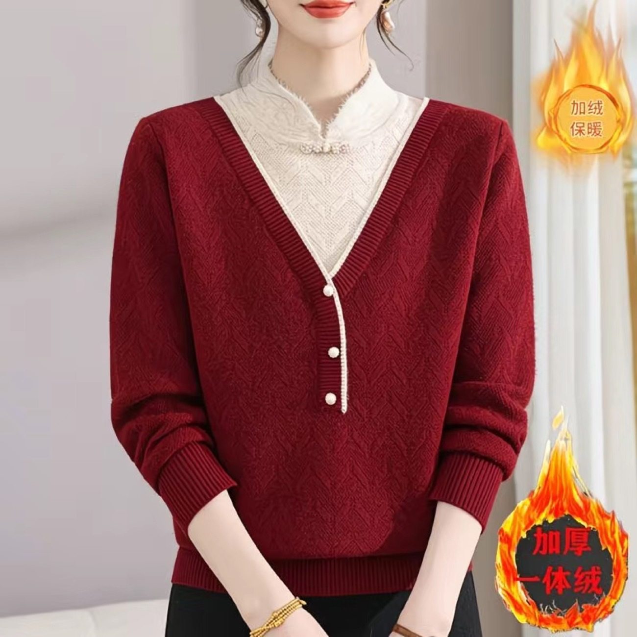 【128】妈妈装加绒毛衣一体绒加厚女士针织衫国风婆婆打底衫上衣