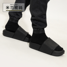 Y-3 SLIDE Y3 黑色男女同款皮革运动厚底增高一字拖鞋 HR1940