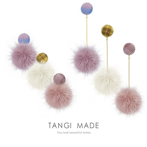 tangi纯银秋冬新款潮格子毛球