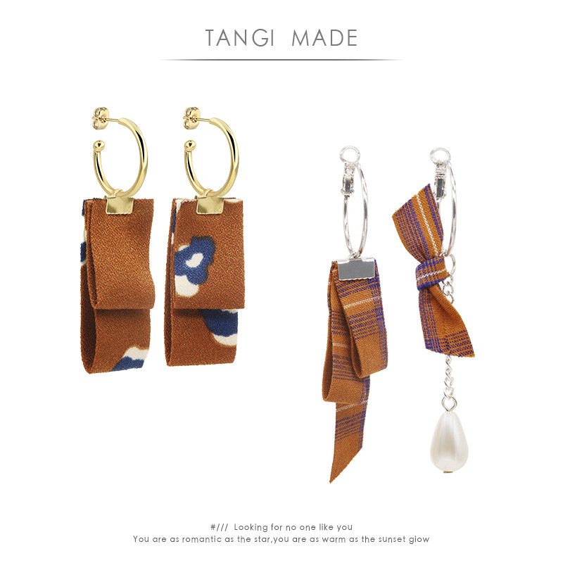 TANGI原创美拉德风棕色新款焦糖色格子豹纹布条耳环女无耳洞耳夹
