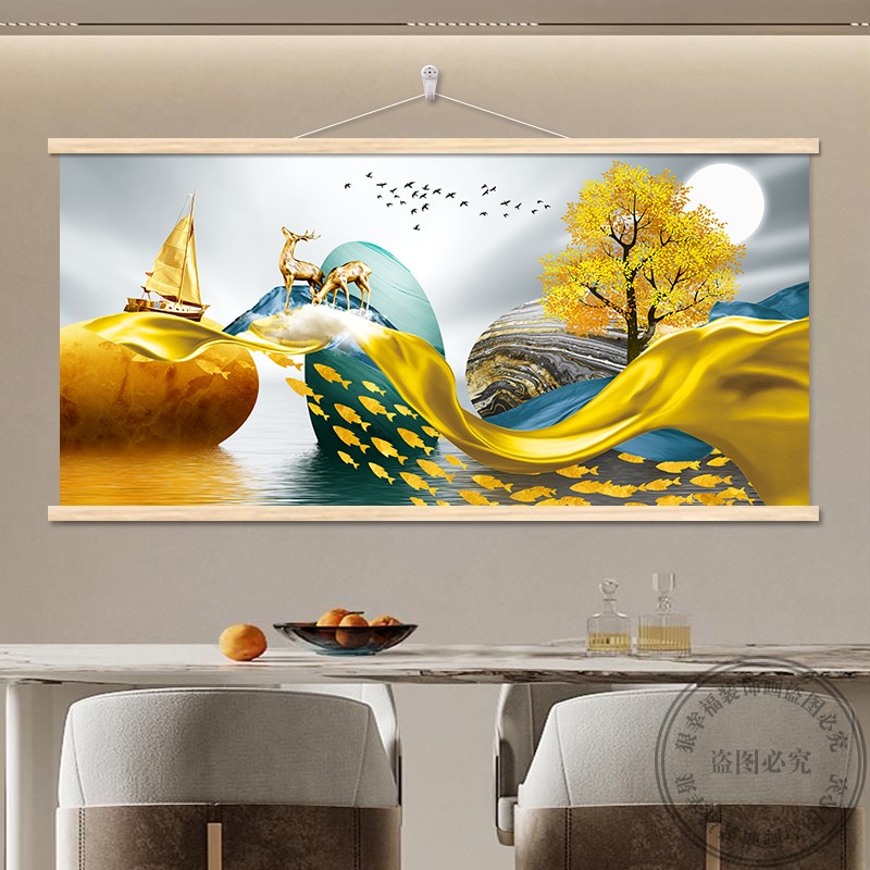 餐厅装饰画现代简约饭厅挂布画发财麋鹿客厅卧室背景墙创意墙壁画图片