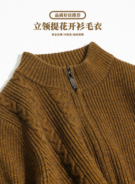 半高领毛衫男开衫男士冬季毛衣款潮牌棕色粗针羊毛衫明星针织保暖