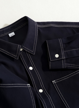 出口三本针日系男高级感衬衫纯色外套长袖衬衣纯棉大口袋秋冬新款