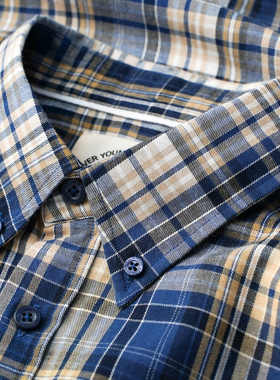 磨毛长袖格子衬衫男扣领尖领蓝色格子纯棉男士商务休闲格纹衬衣潮