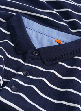 条纹POLO衫男短袖T恤全棉2025夏季男上装保罗衫深蓝半袖开叉横条