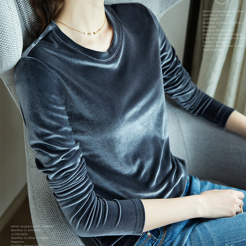 春秋款金丝绒圆领长袖T恤上衣