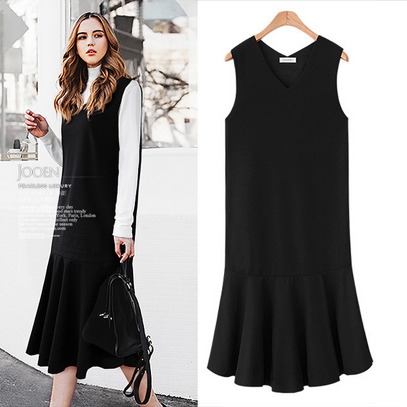 春秋款棉鱼尾背心裙长裙V领宽松腰荷叶边打底裙马甲裙连衣裙女 潮