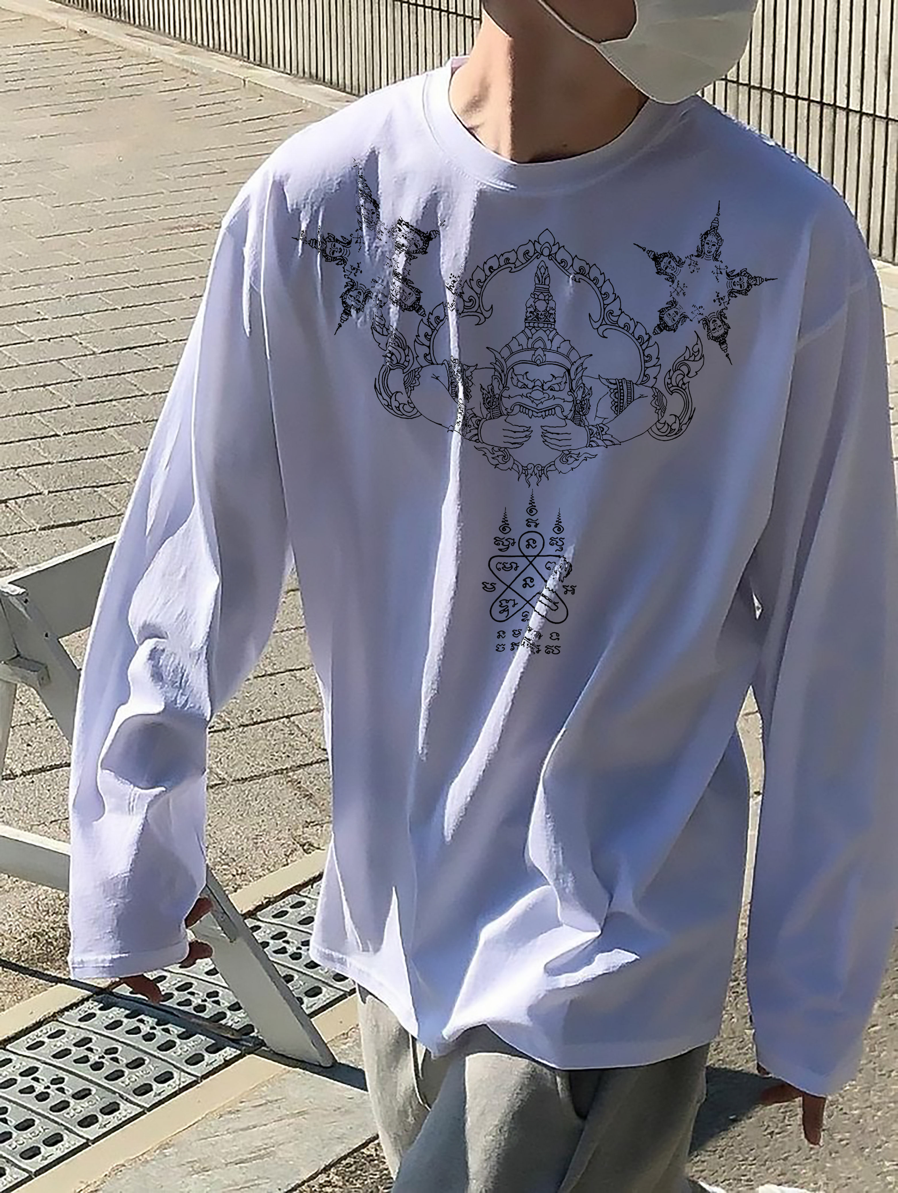 幸运东南亚泰国经文佛牌刺符内搭纯色拉胡天神吃小人长袖纯棉体恤