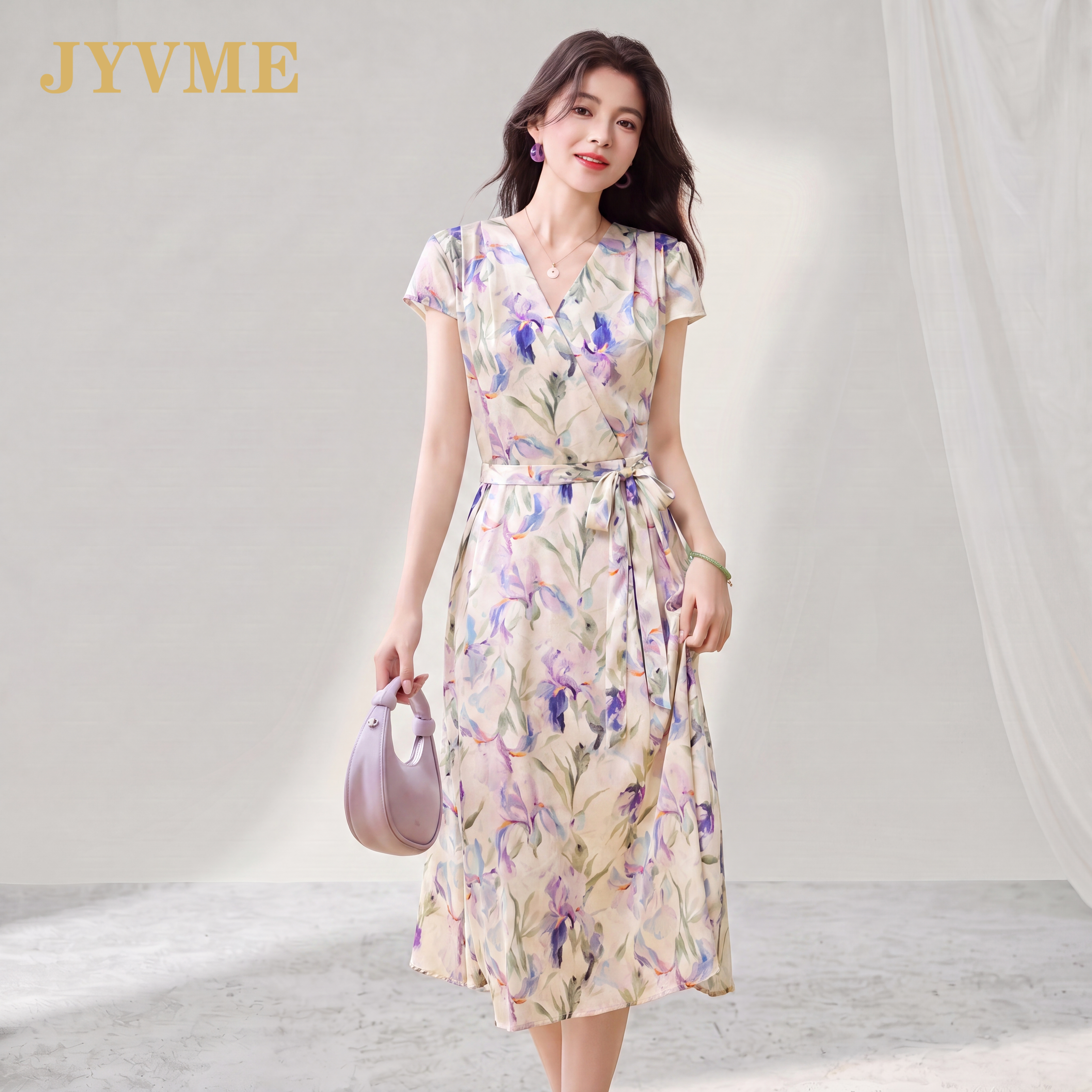 JyVme轻奢新款真丝连衣裙女修身显瘦印花气质高腰v领桑蚕丝中长裙