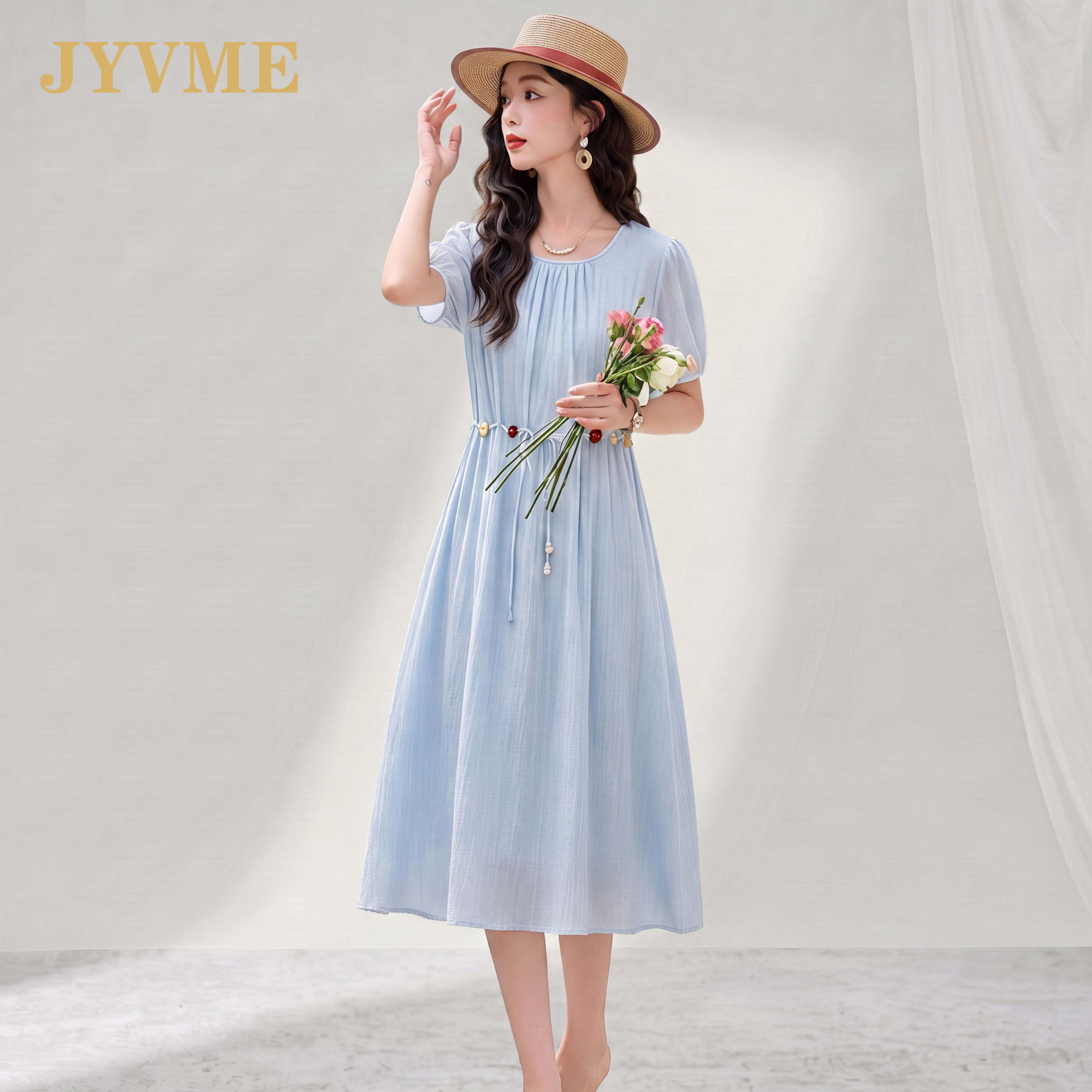 JyVme轻奢时尚2026新款纯棉连衣裙女夏季系带短袖中长款裙子纯色