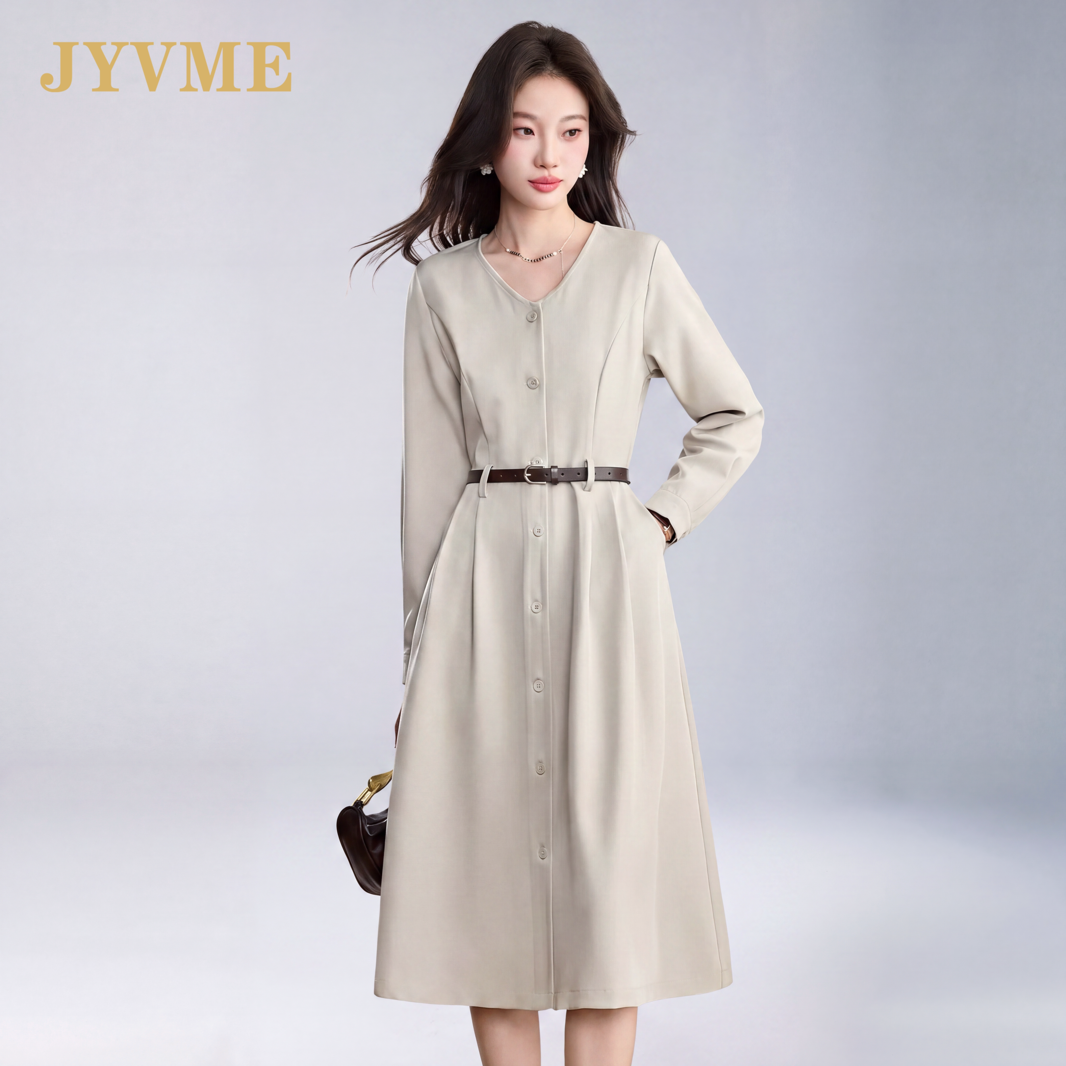 JyVme轻奢长袖连衣裙女2026秋季新款V领收腰显瘦高级气质法式裙子