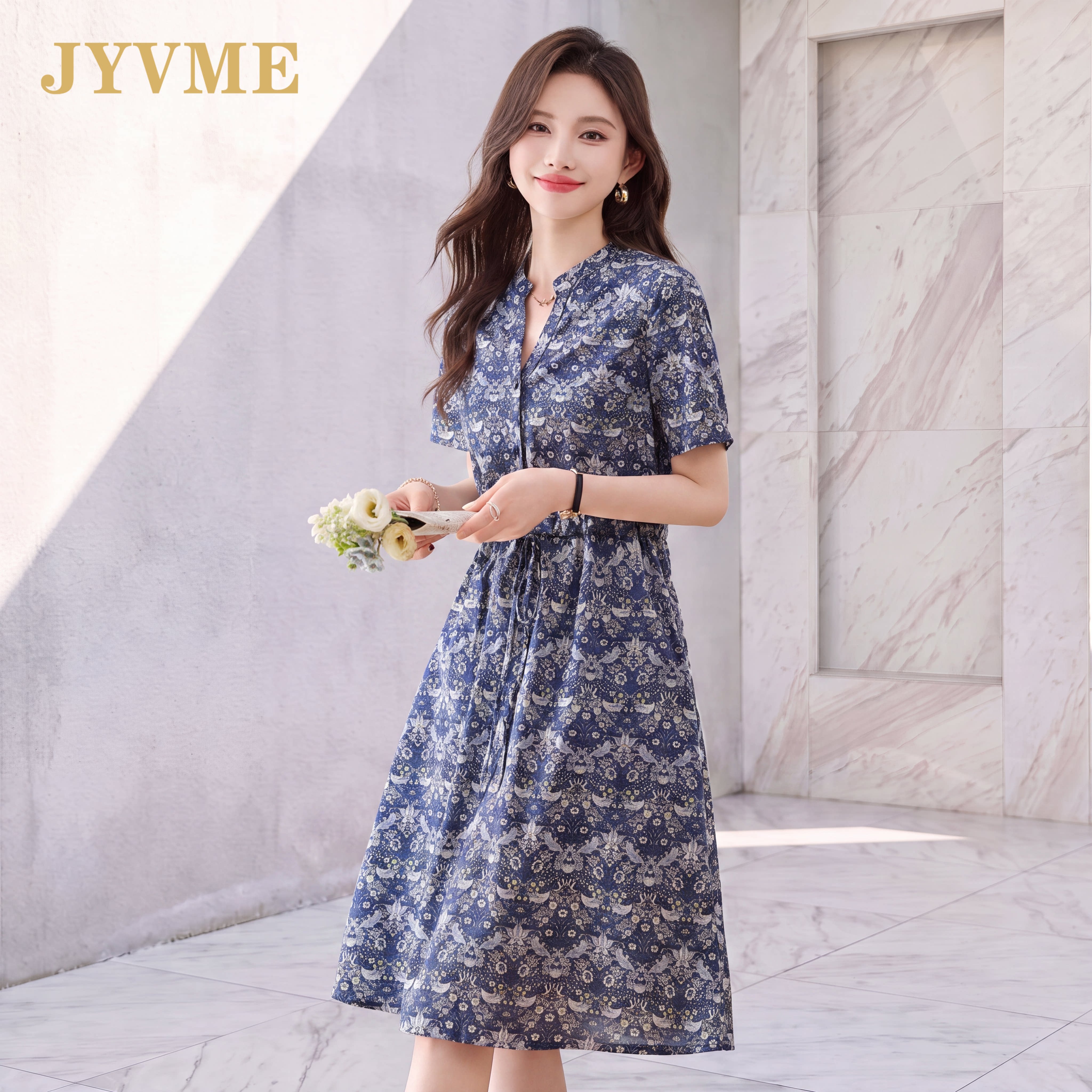 JyVme轻奢碎花连衣裙女短袖2026夏新款小个子时尚纯棉中长款裙子