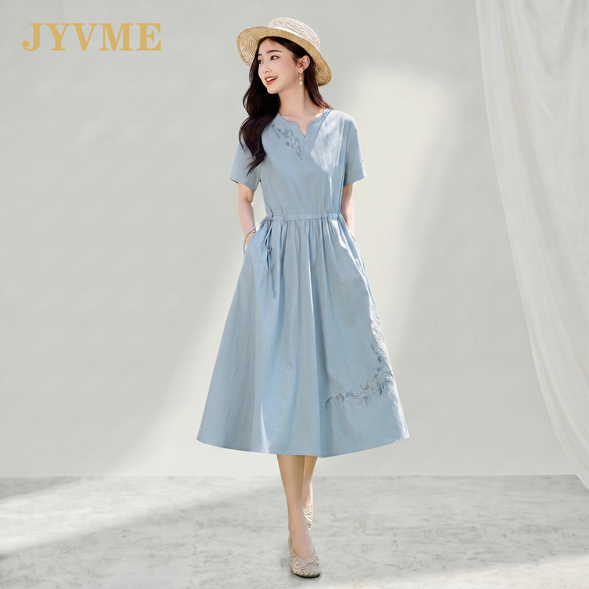 JyVme轻奢刺绣棉麻连衣裙女士2026夏季新款显瘦休闲时尚短袖裙子