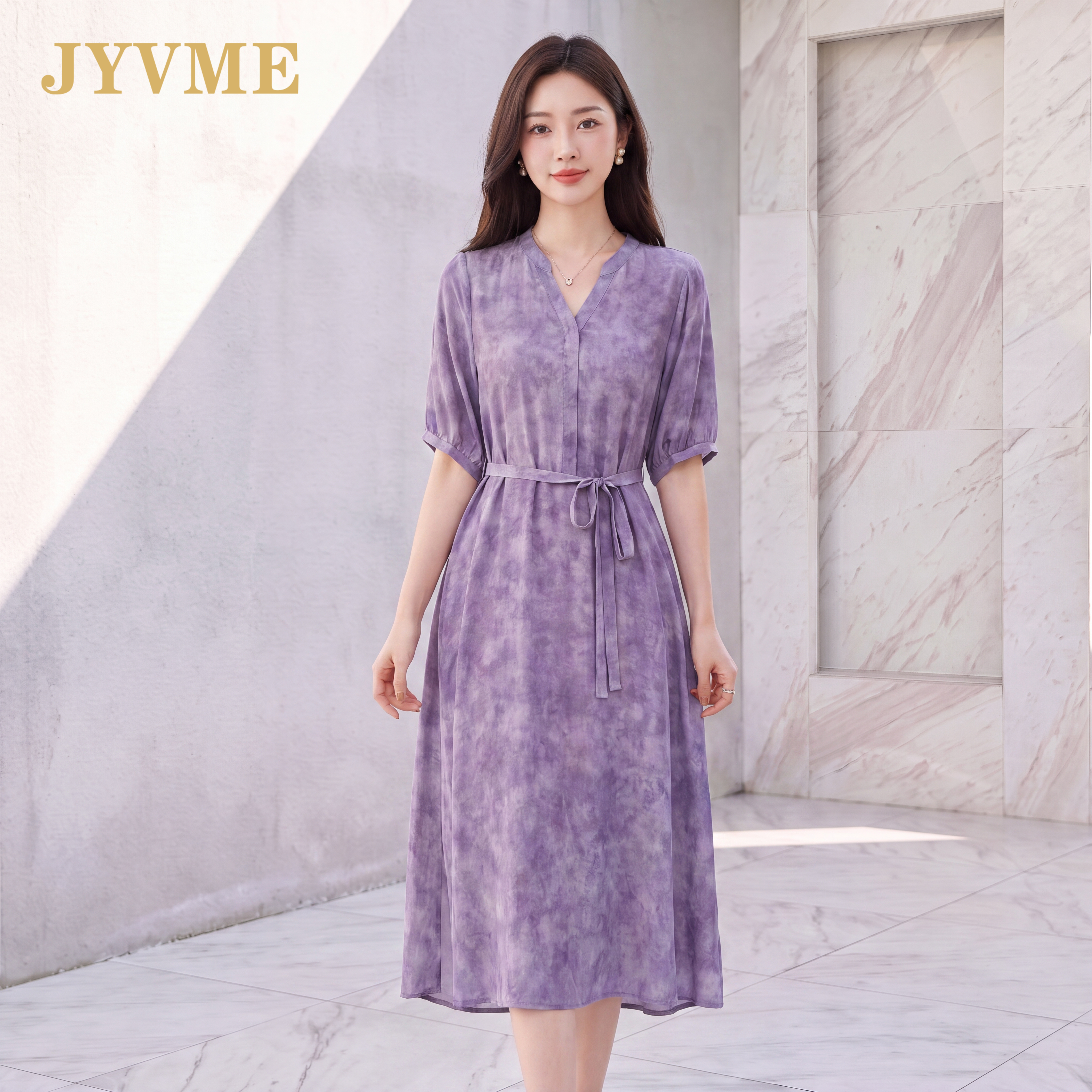 JyVme轻奢2026夏季新款真丝中长款连衣裙v领系带纯色气质女士裙子