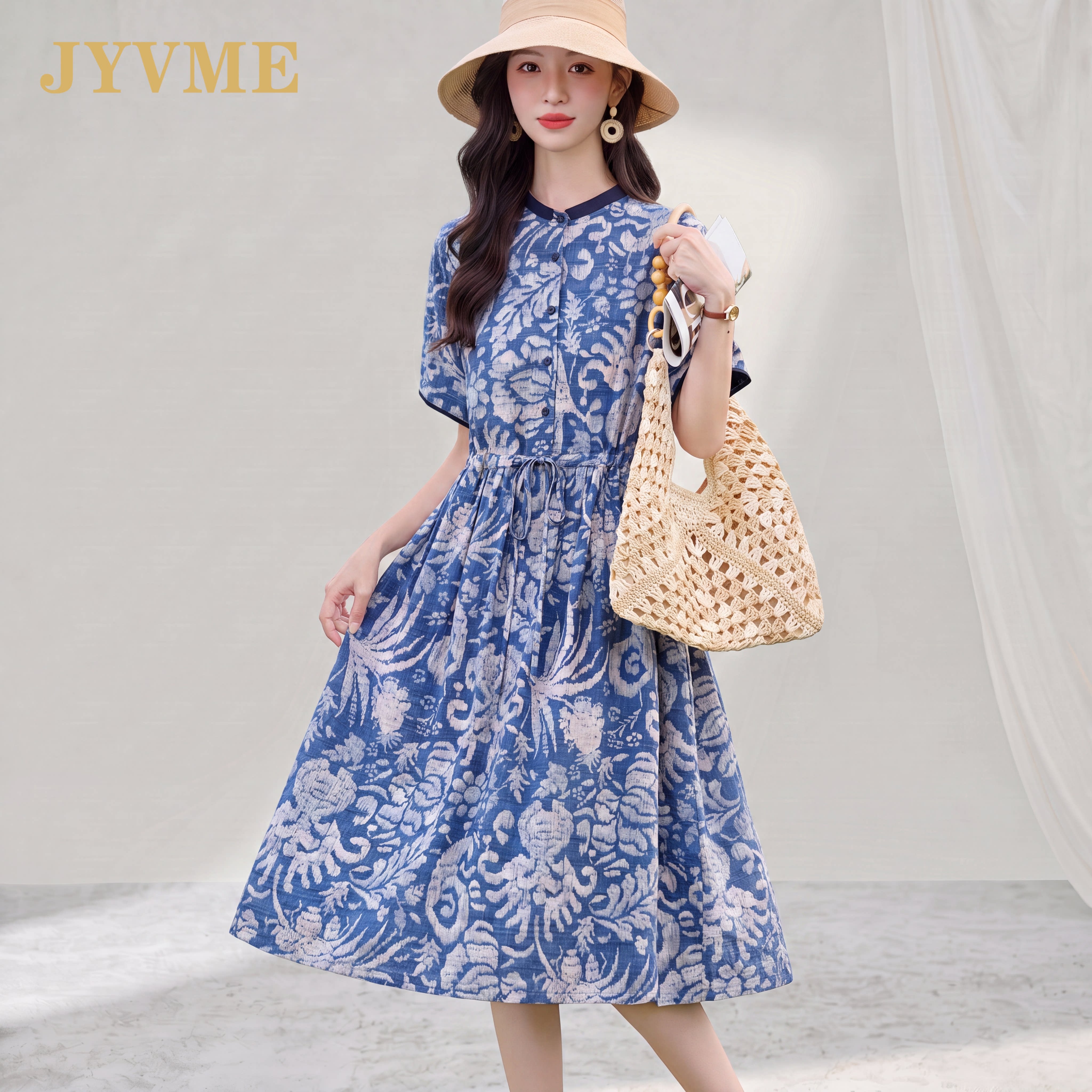 JyVme轻奢印花棉麻连衣裙女2026夏季新款中长款收腰显瘦a字衬衫裙
