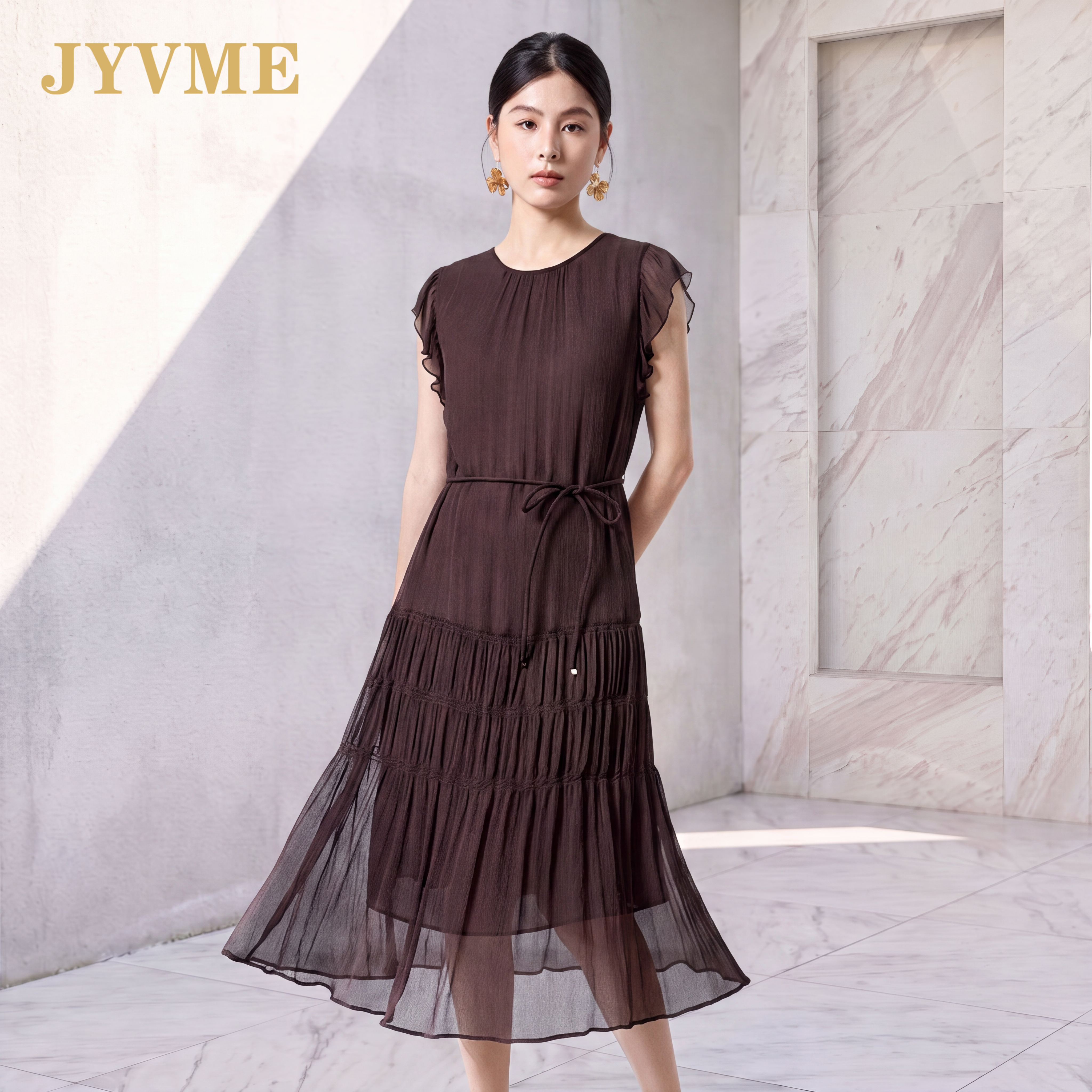JyVme轻奢桑蚕丝连衣裙女2026新款夏中长款减龄优雅纯色真丝裙子