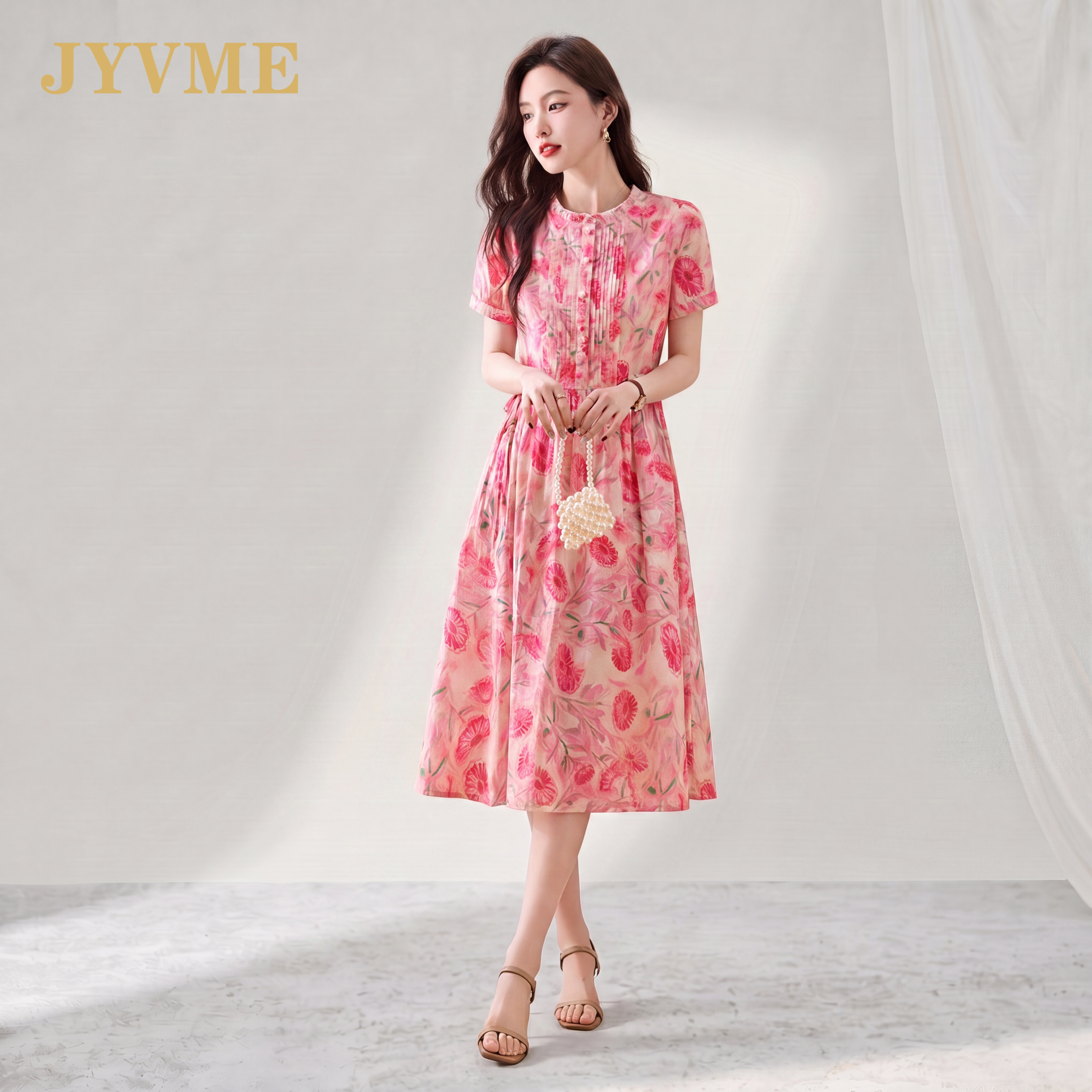 JyVme轻奢纯棉连衣裙女2026夏新款时尚气质舒适百搭碎花裙中长款