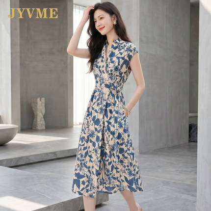 JyVme轻奢2026夏季新款法式棉质印花衬衫领显瘦通勤气质连衣裙