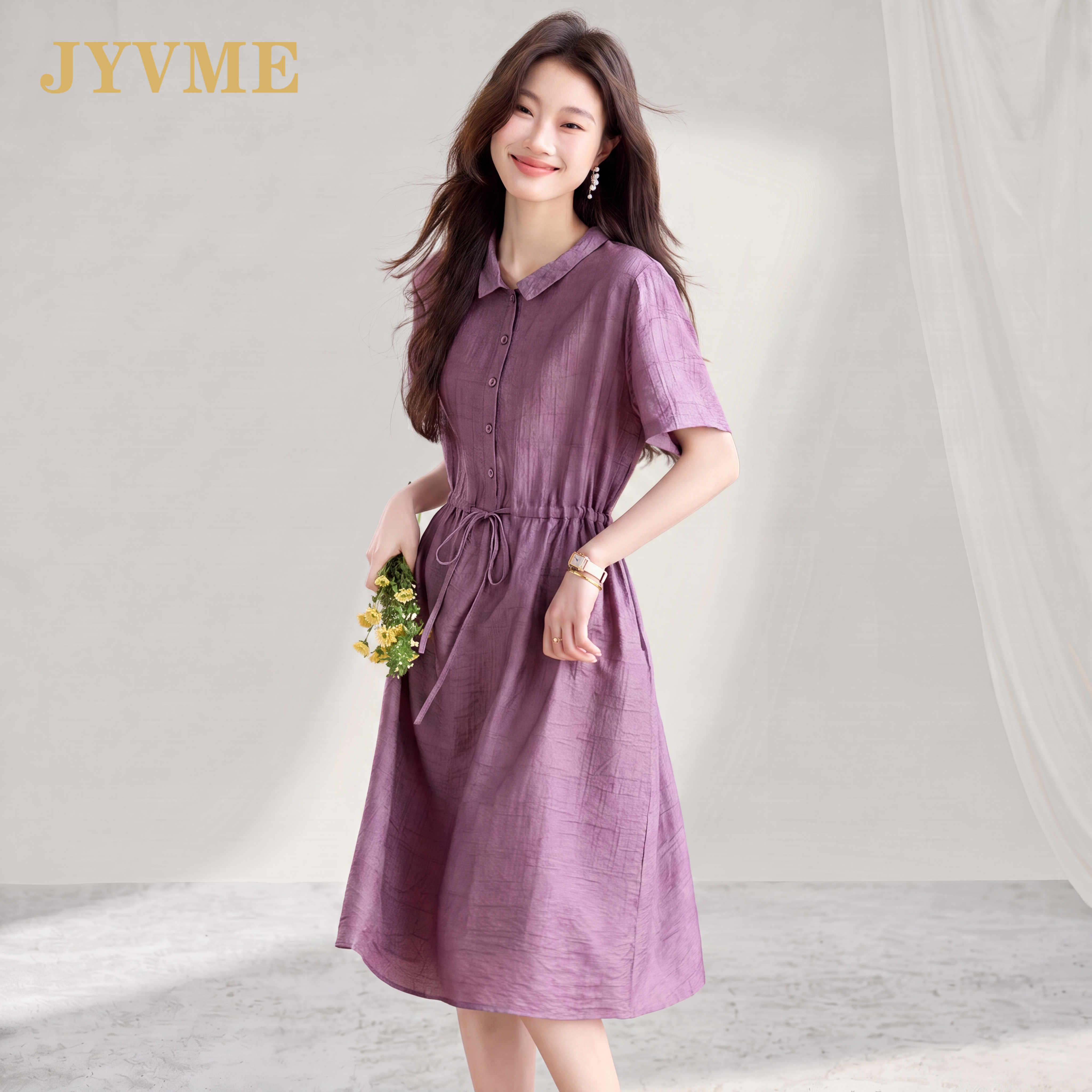 JyVme轻奢连衣裙女夏季2026新款紫色收腰中长款妈妈休闲衬衫裙