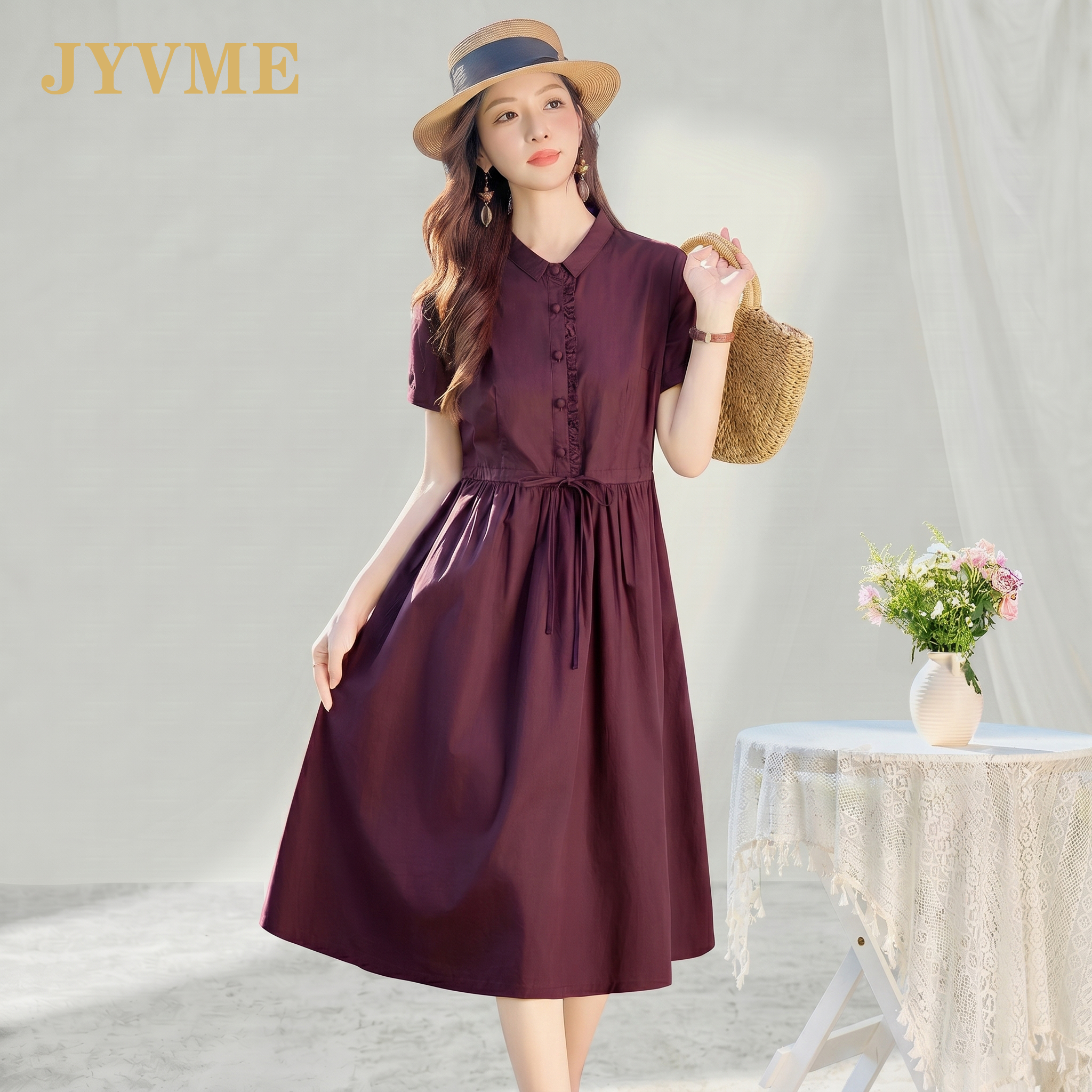 JyVme轻奢复古纯棉连衣裙女2026夏季木耳边新款收腰气质A字衬衫裙