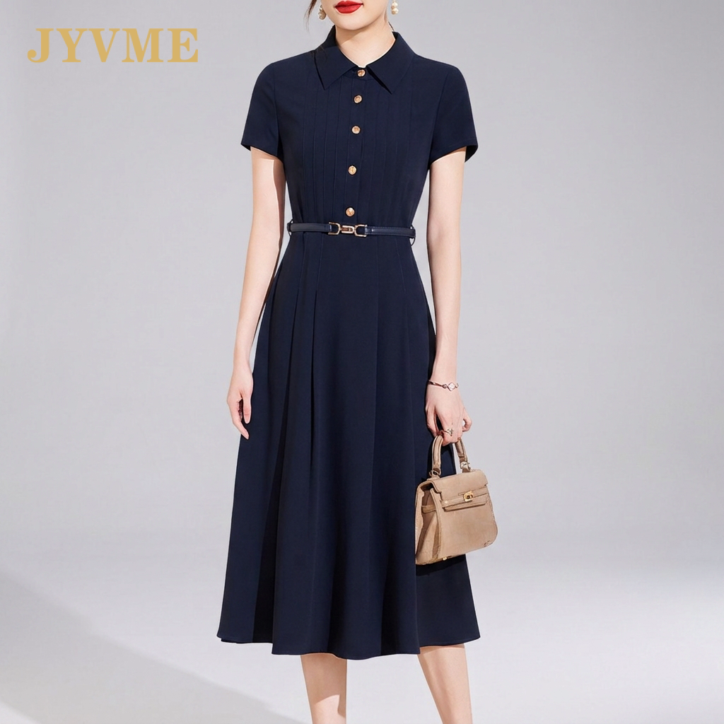 JyVme轻奢藏青色翻领衬衫连衣裙女2026夏季新款收腰显瘦气质a字裙
