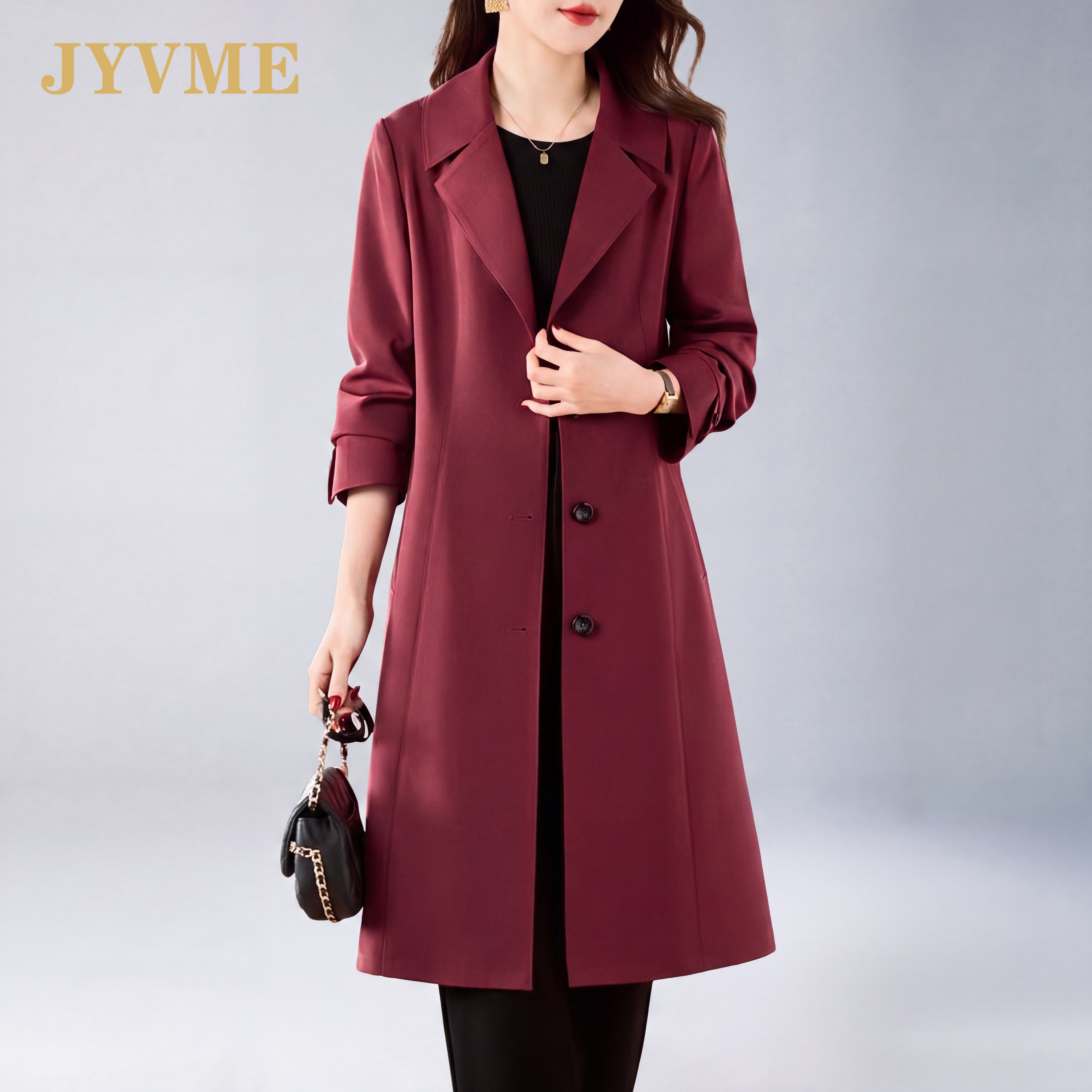 JyVme轻奢英伦风红色风衣女中长款2026秋季新款西装领气质外套