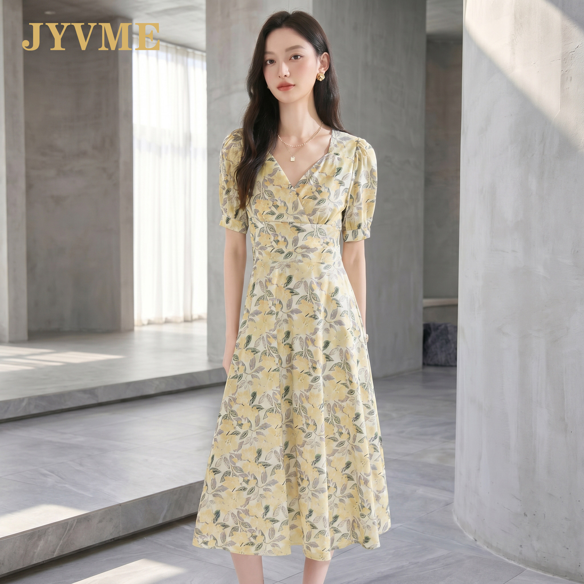 JyVme轻奢2026夏季純棉印花V领茶歇裙新款收腰短袖高腰A摆连衣裙