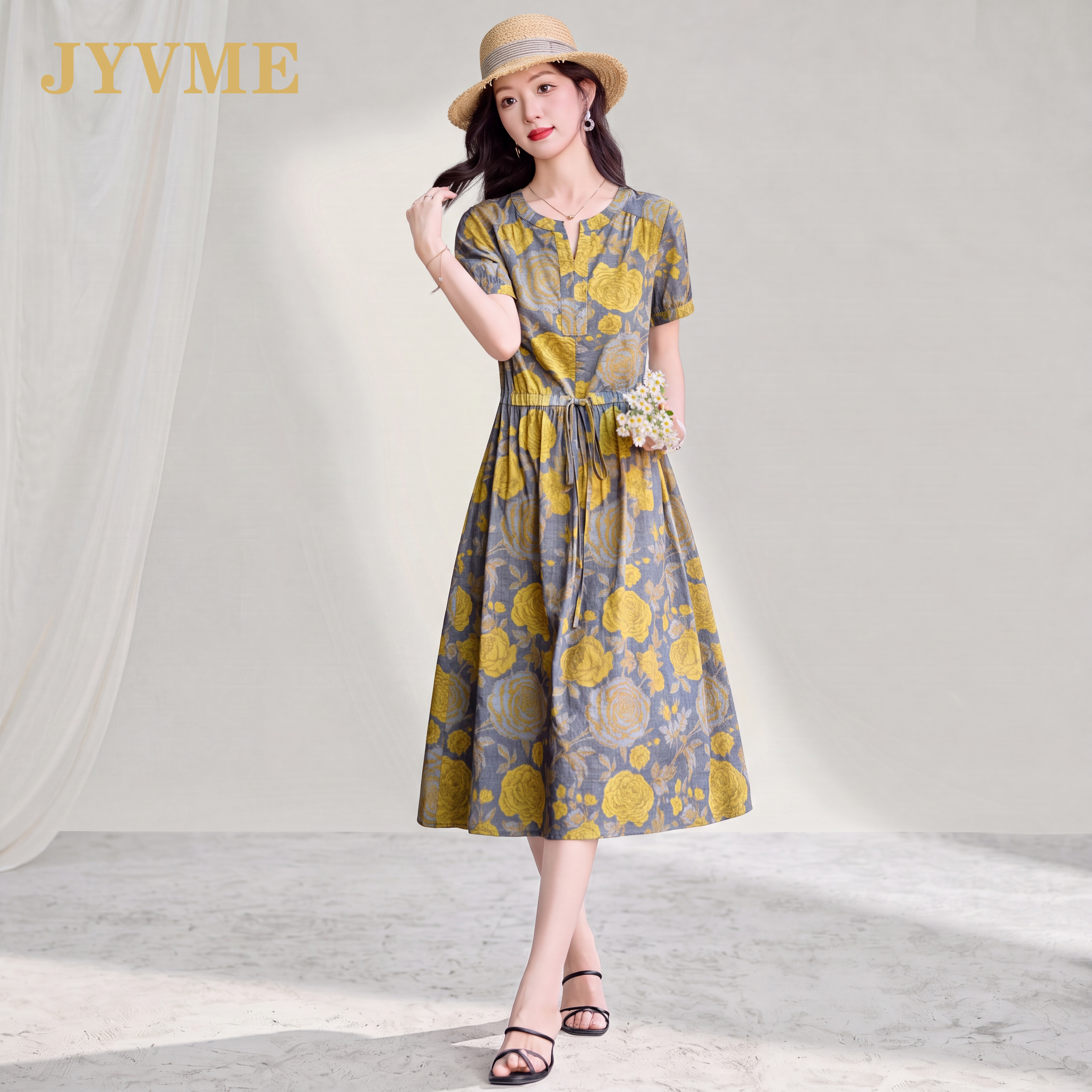 JyVme轻奢印花连衣裙女夏季2026新款收腰气质妈妈休闲高端棉裙子