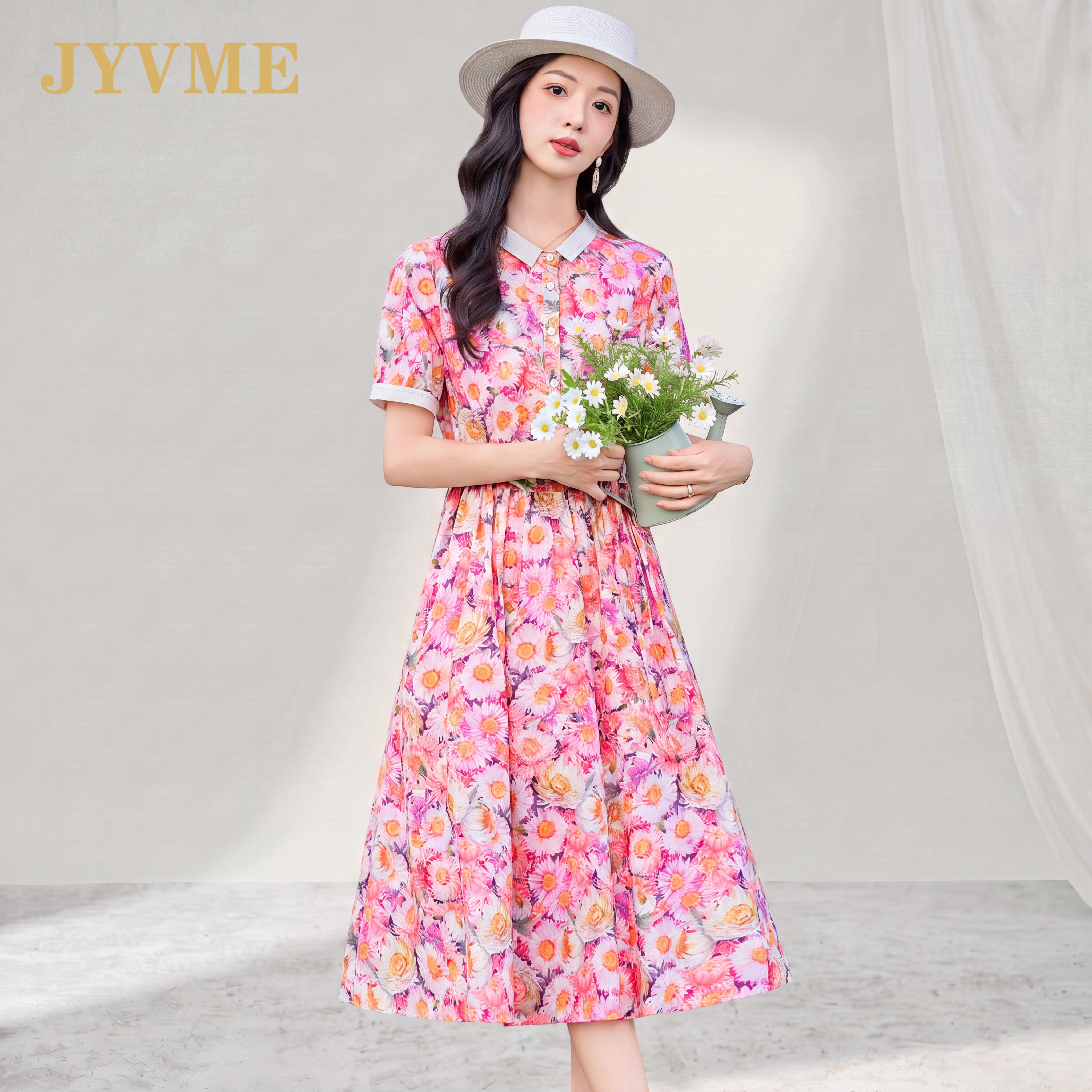 JyVme轻奢2026夏季新款碎花连衣裙气质显瘦中长款收腰减龄衬衫裙