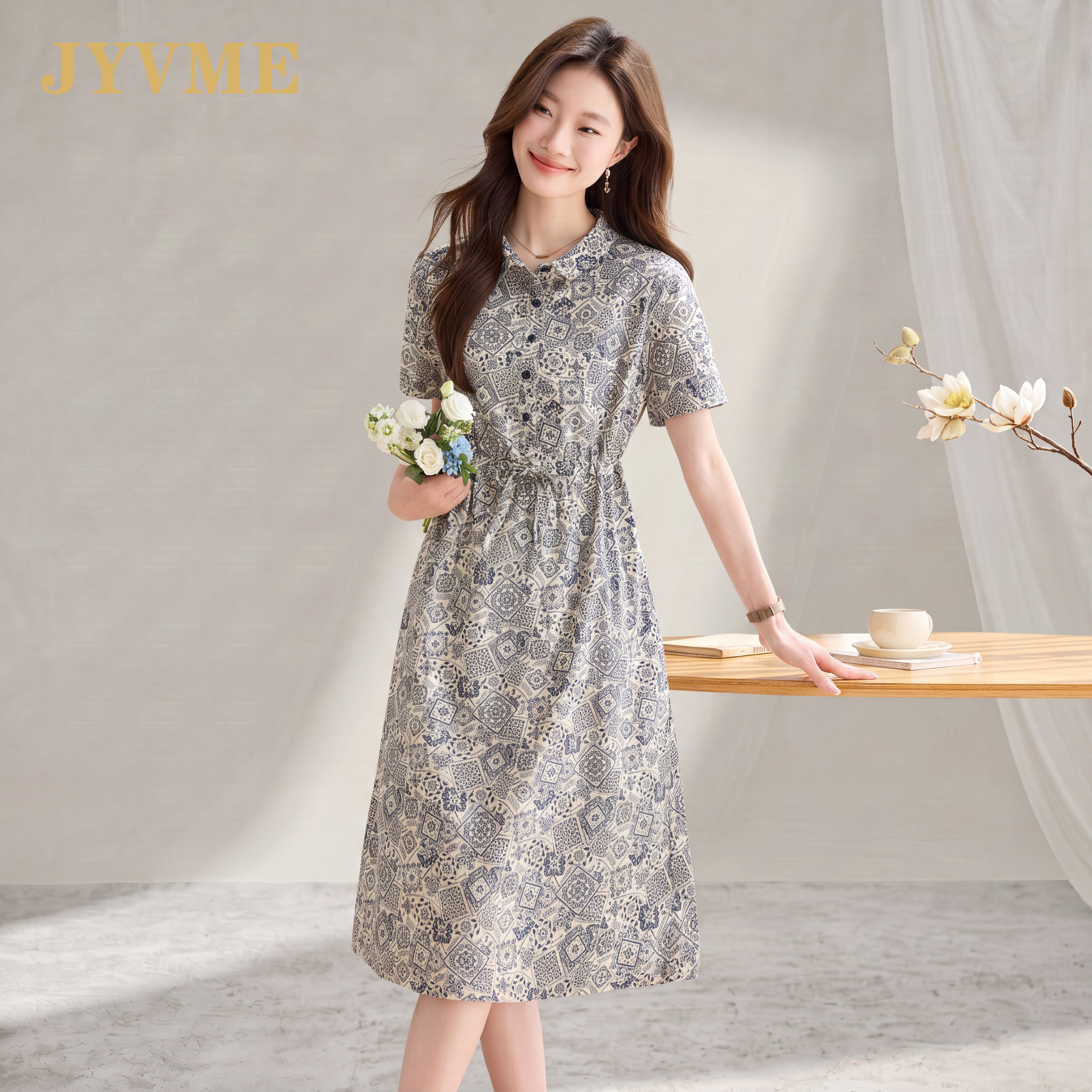 JyVme轻奢2026新款夏季纯棉连衣裙女新中式高端碎花中长裙子收腰