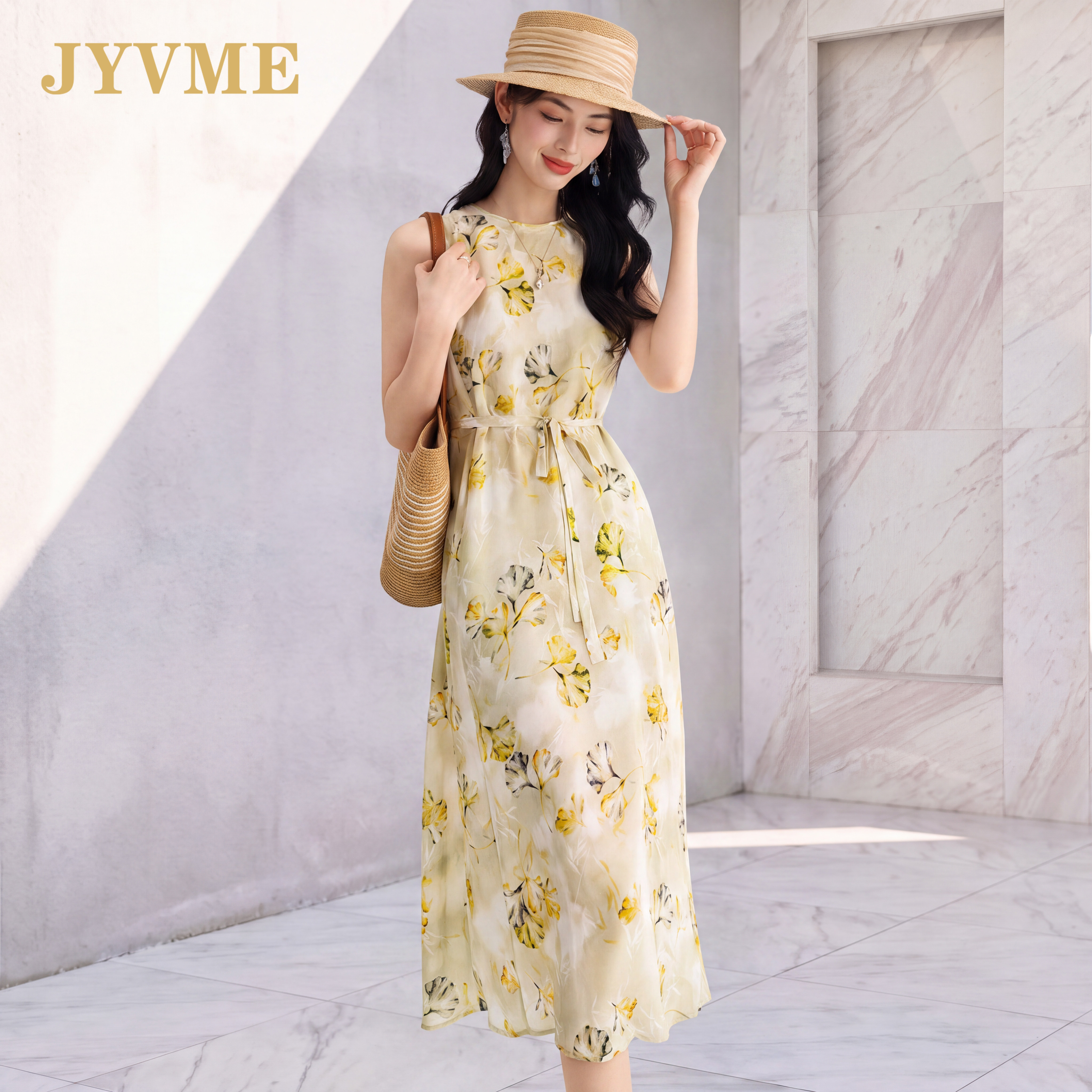 JyVme轻奢无袖真丝连衣裙女2026新款显瘦印花优雅桑蚕丝长裙减龄