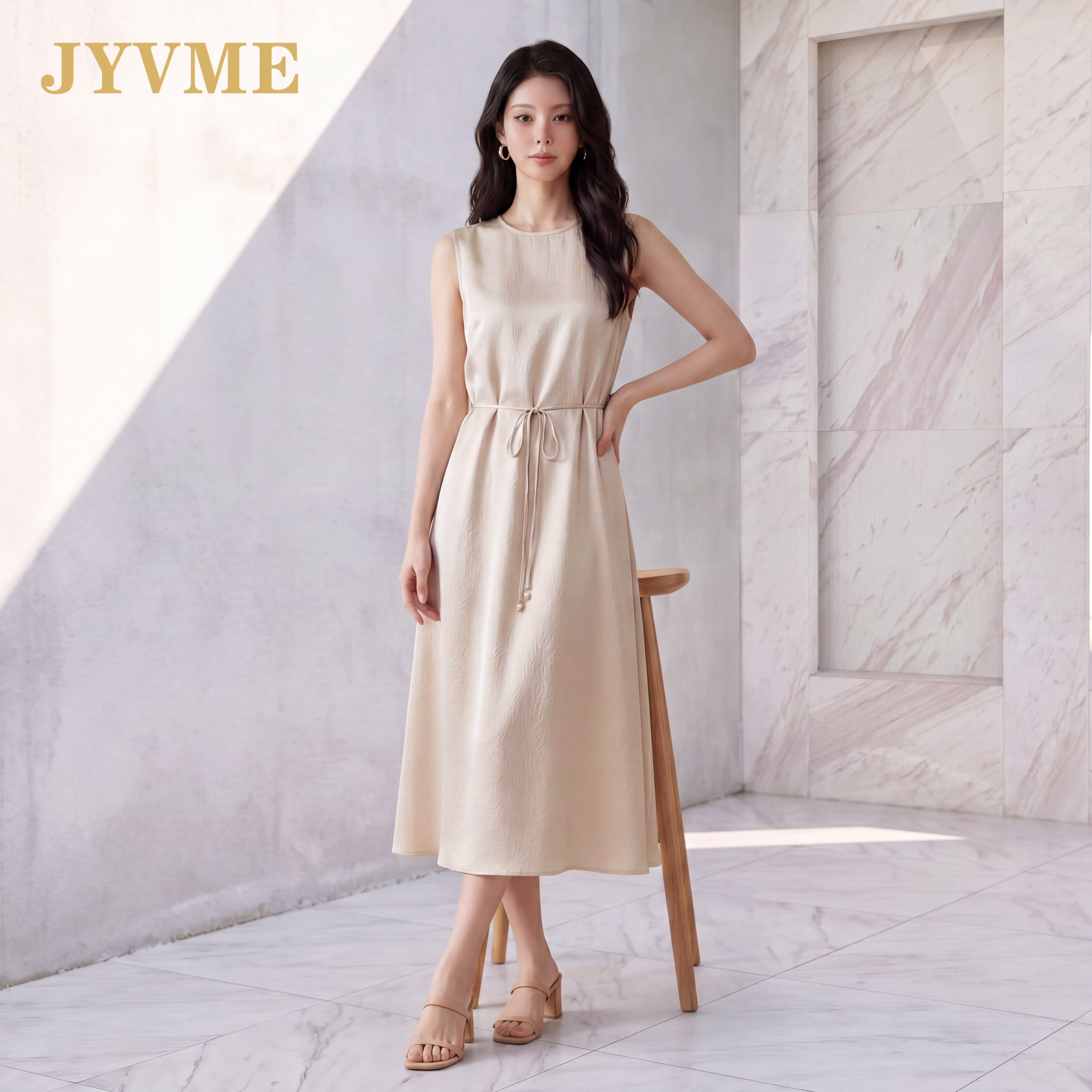 JyVme轻奢高端坠感冠乐绉真丝连衣裙女显瘦无袖桑蚕丝圆领背心裙