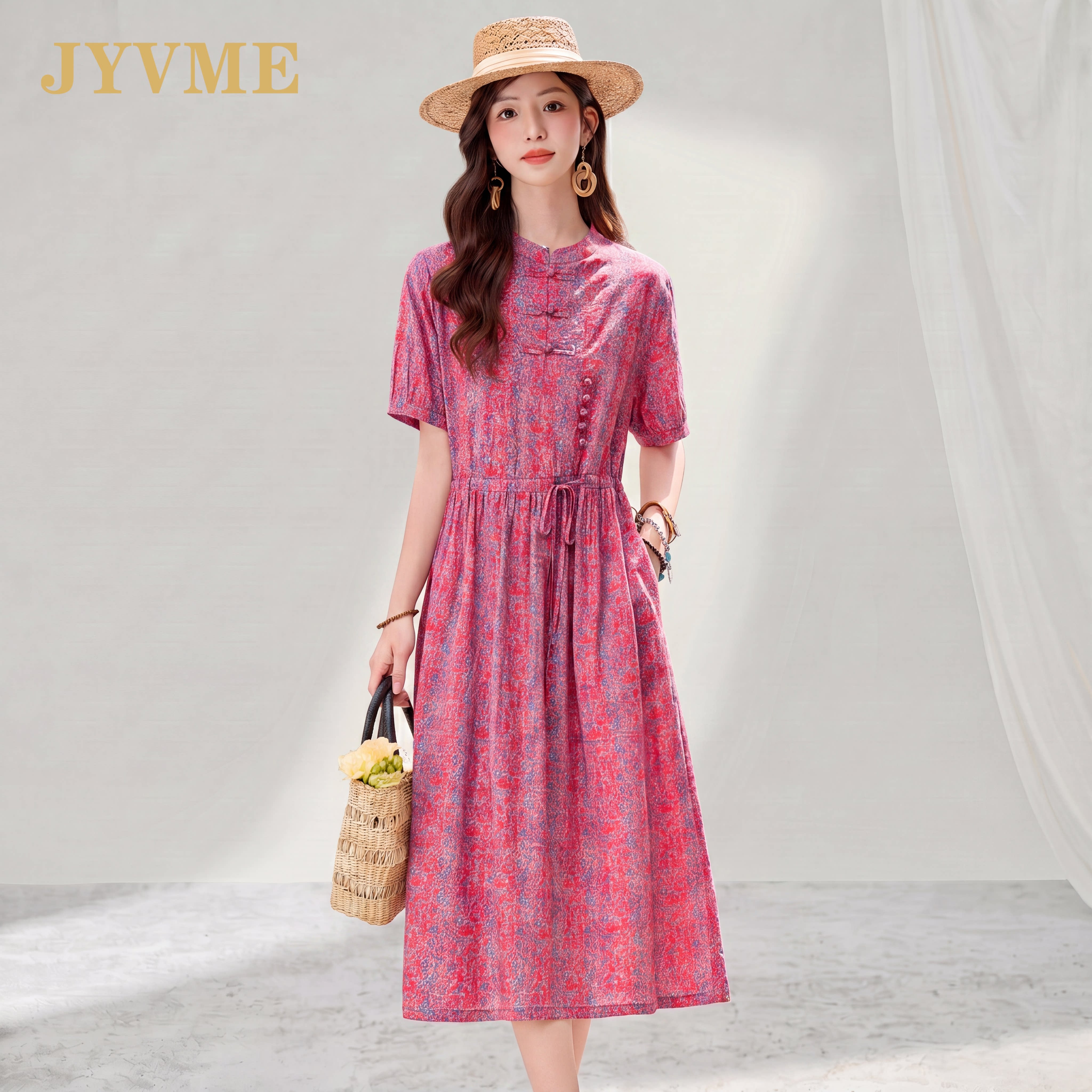 JyVme轻奢2026夏季新款时尚棉麻碎花连衣裙女时尚复古中长款裙子