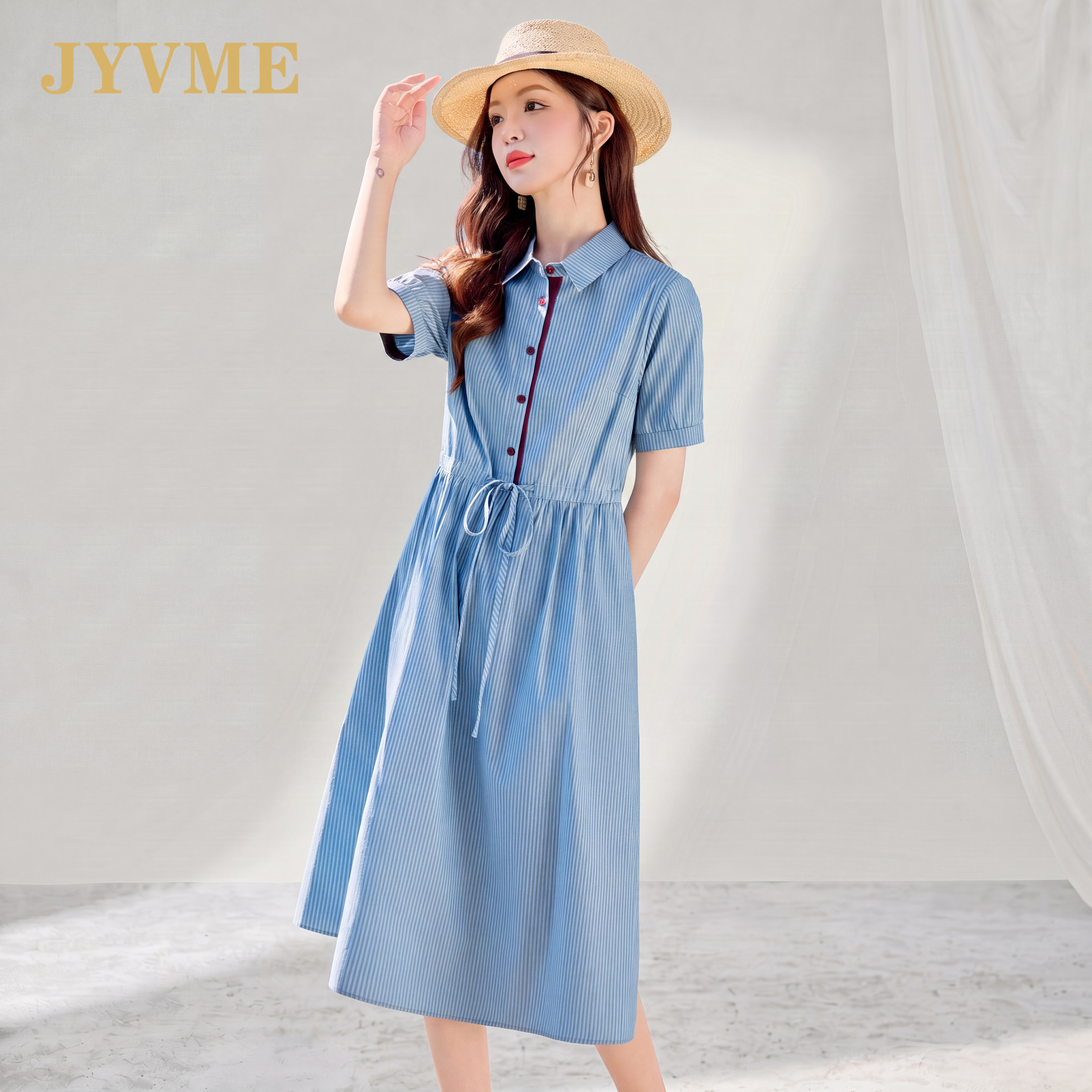 JyVme轻奢时尚纯棉连衣裙女2026夏季新款休闲翻领A字裙显瘦中长款