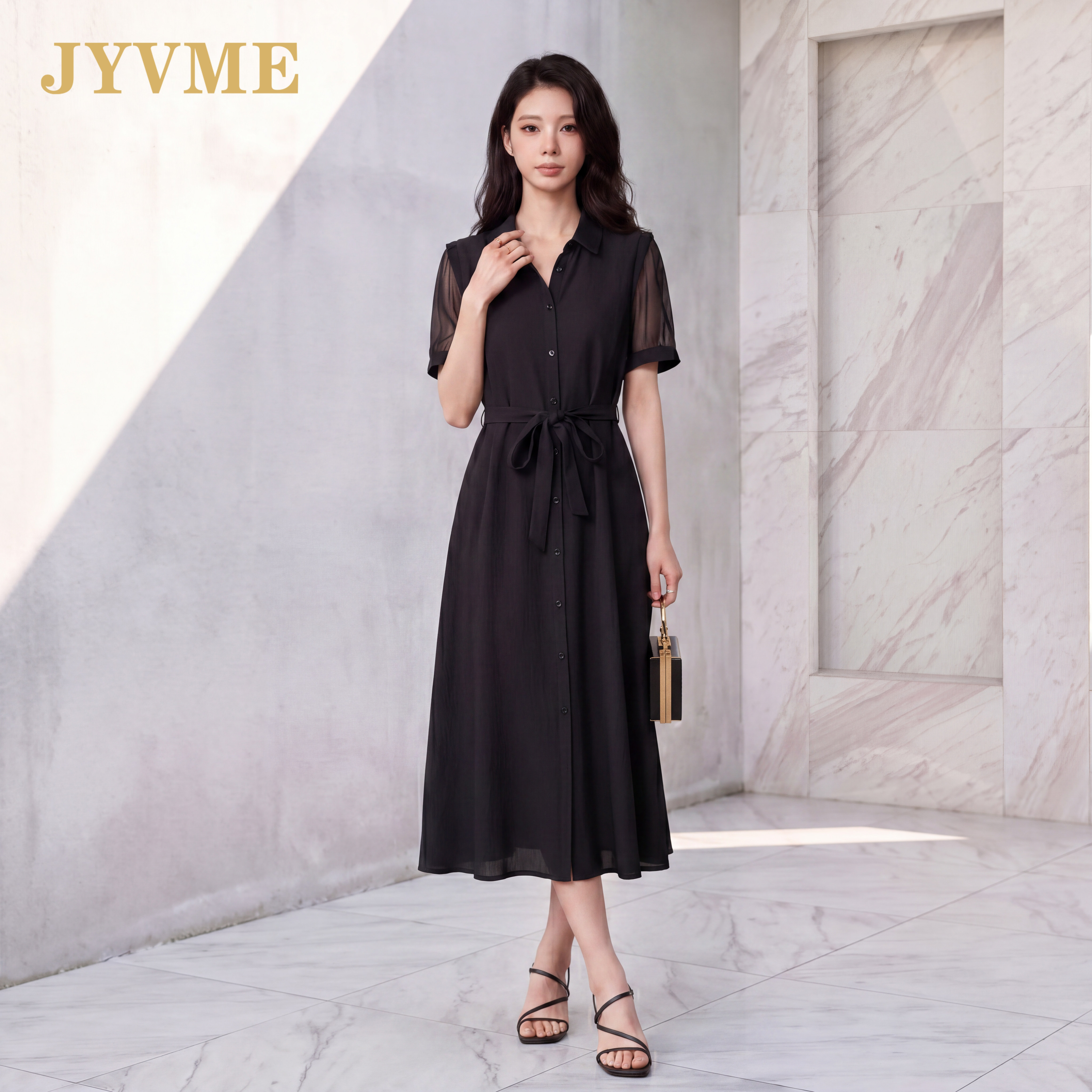 JyVme轻奢夏季新款桑蚕丝连衣裙横条绉真丝拼接中长款短袖衬衫裙