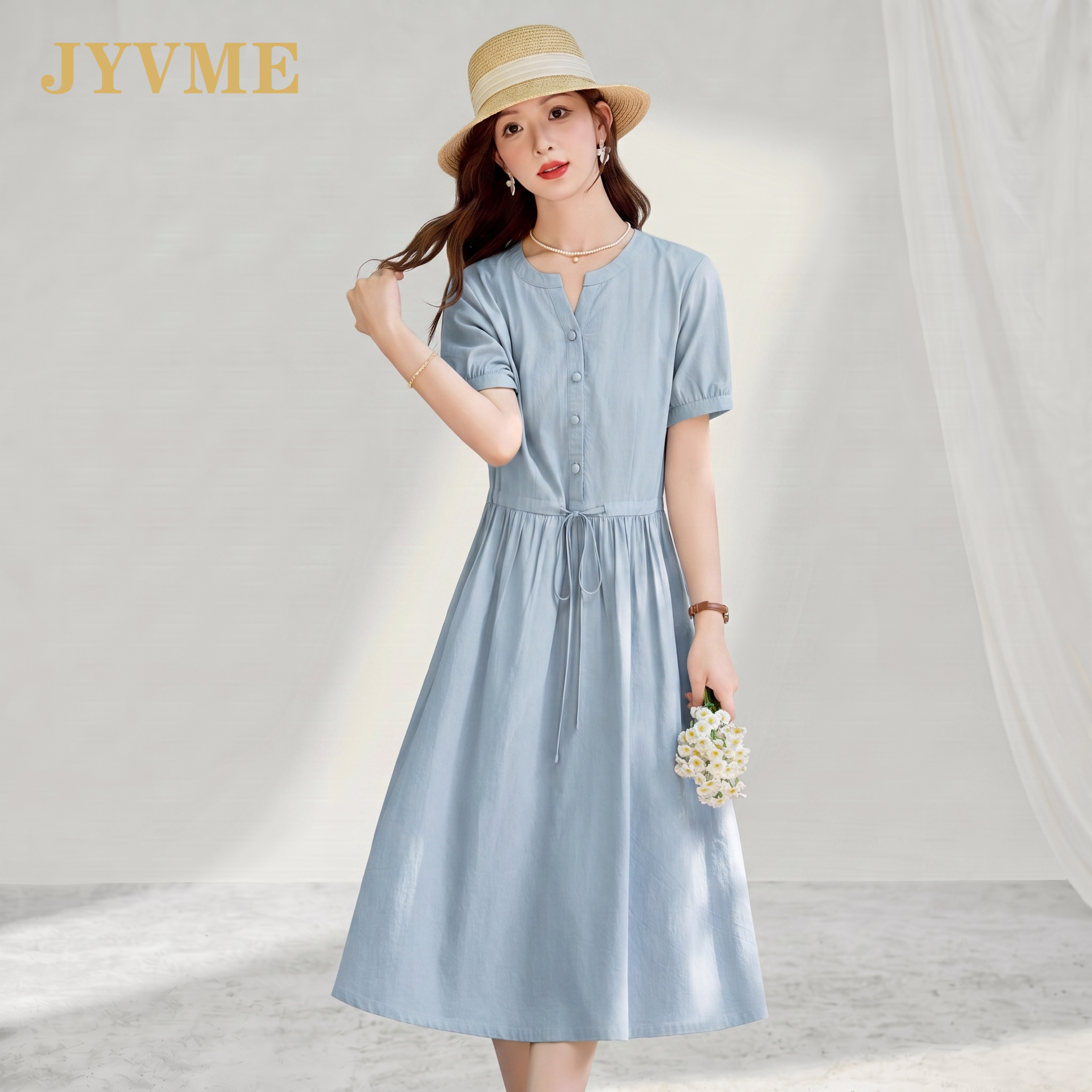 JyVme轻奢时尚连衣裙女2026年夏季新款气质中长款v领修身棉质裙子