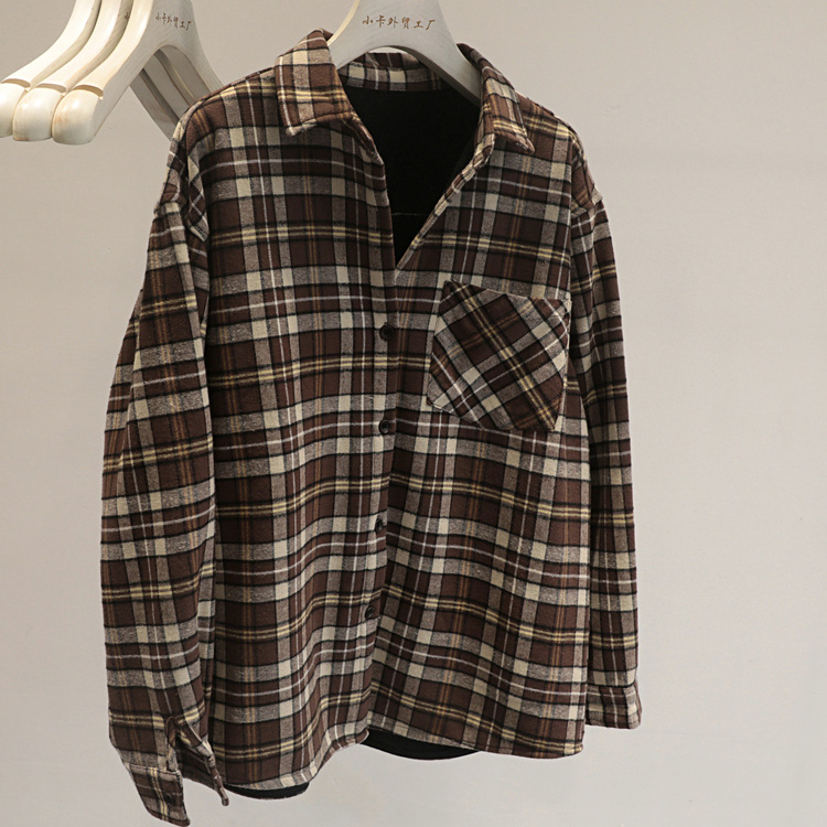 宽松复古长袖加绒格子衬衫