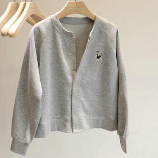 文艺青年~灰色卡通刺绣圆领卫衣外套女2025秋装休闲百搭开衫上衣