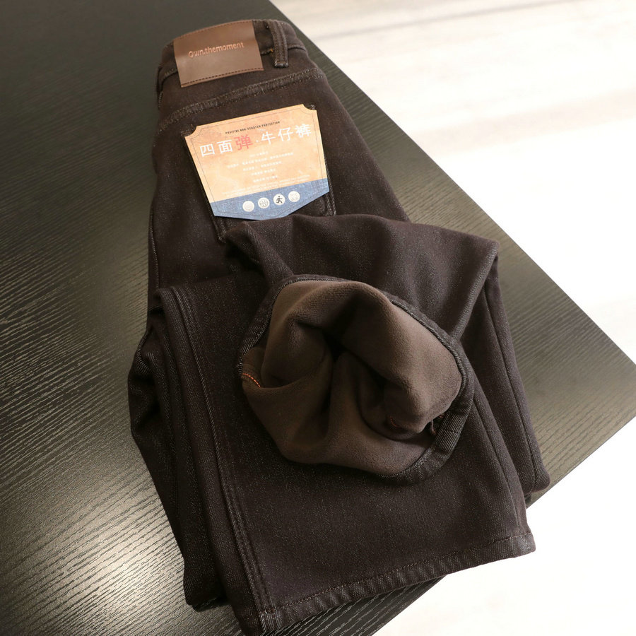 大牌质感！加绒窄版阔腿牛仔裤女冬季四面弹复古咖啡色直筒长裤