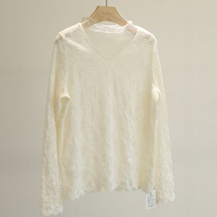 早春王炸款!米杏色半高领网纱蕾丝衫女设计感温柔百搭内搭打底衫