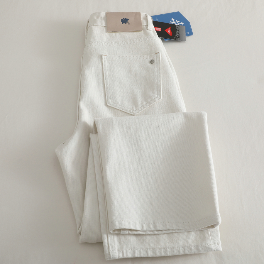 渠道大厂货，四面弹力米白色直筒牛仔裤女高腰窄版阔腿裤拖地长裤