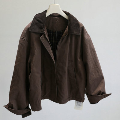 品质控买它~复古咖啡色拼接格子里布棉外套女翻领宽松显瘦上衣